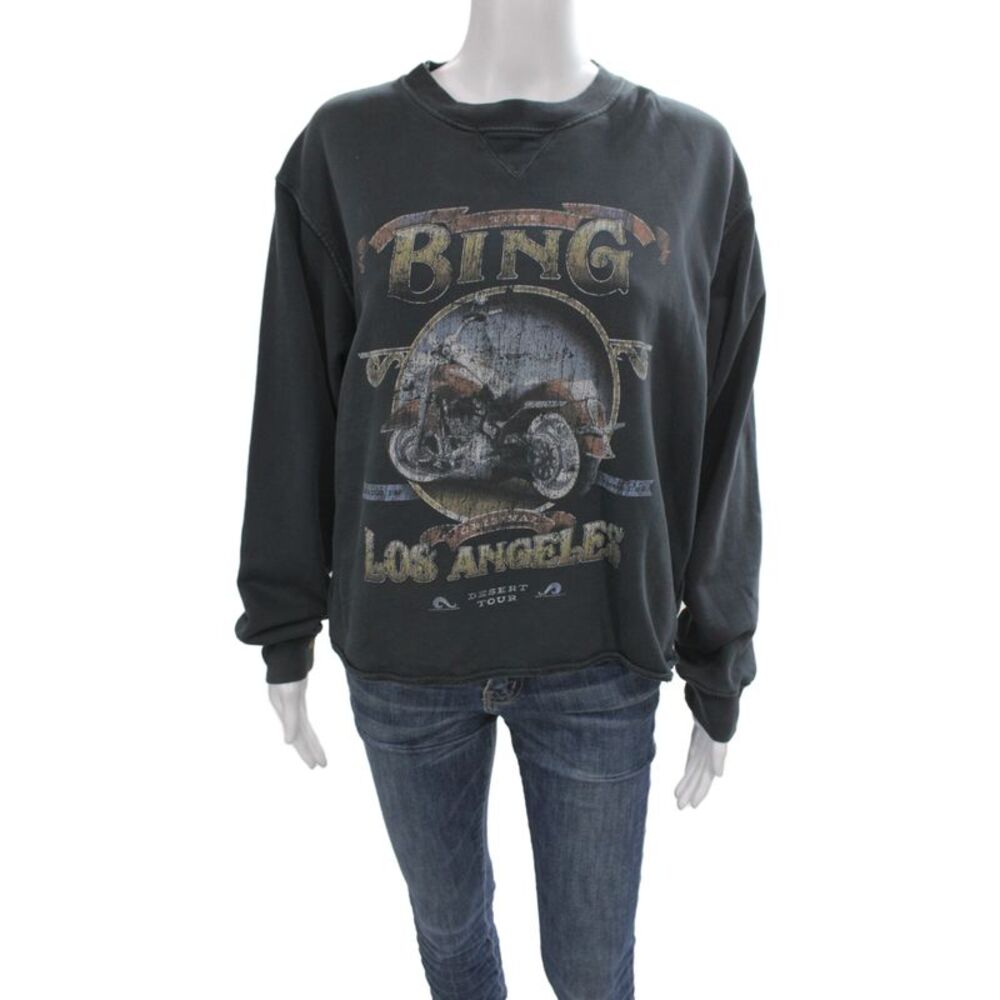 Anine Bing Women Pullover Sweatshirt Dark Gray Biker 100% Organic Cotton Size M